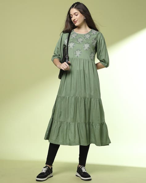 Women Embroidered Round-Neck A-Line Kurta