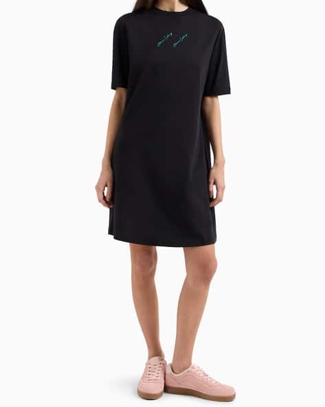Women Cotton Round-Neck A-Line Dress with Brand Print