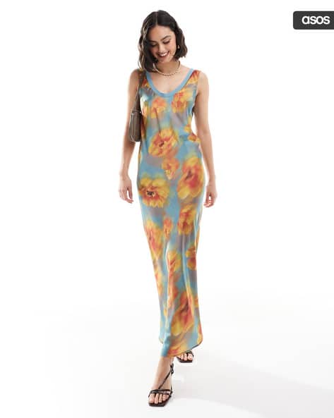 Women Floral Bias Slip Maxi Dress with Rib Neck
