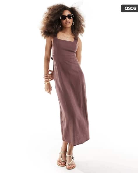 Square-Neck Tie-Back Linen Midi Sun Dress