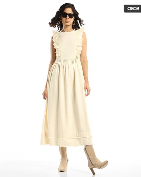 Women High-Neck Twill Midi Dress with Frill Shoulder