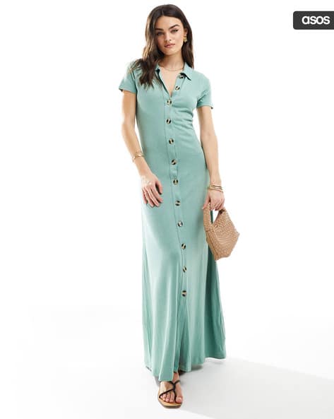 Collared Linen Look Maxi Tea Dress with Button Front