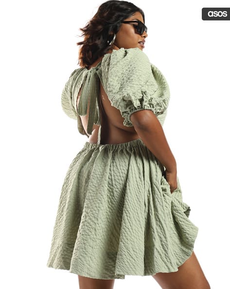 Curve Open-Back Puff Sleeve Mini Dress