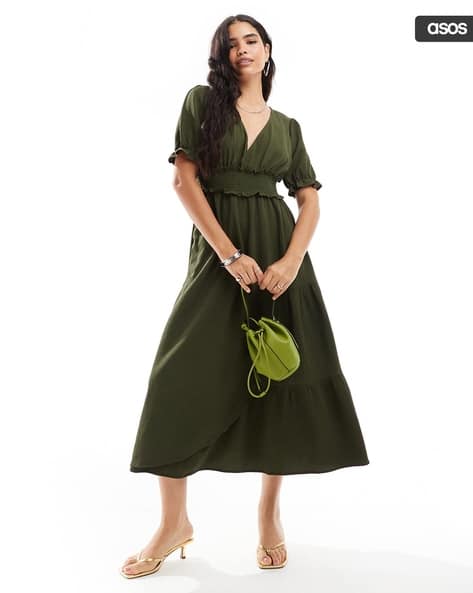 Puffed Sleeve Wrap Midi Dress
