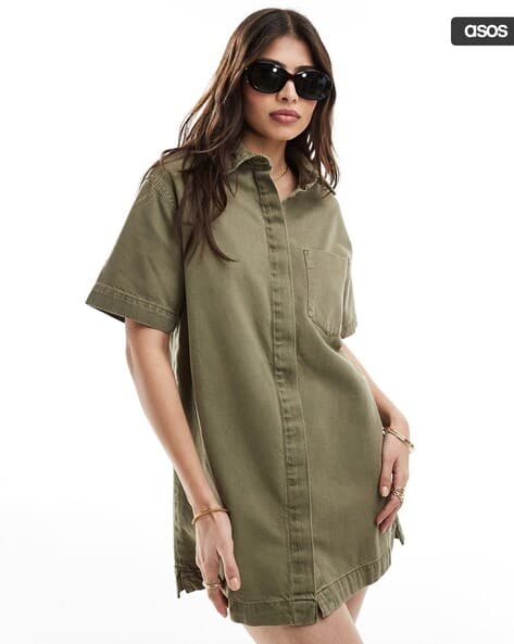 Women Short Sleeve Mini Denim Shirt Dress