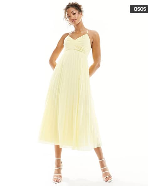 Pleated Bodice Strappy Pleat Midi Dress with Tie Back Detail