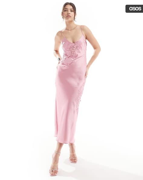 Women Lace Applique Cami Strap Midi Dress