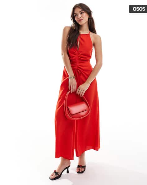 High-Neck Ruched Front Midi Dress