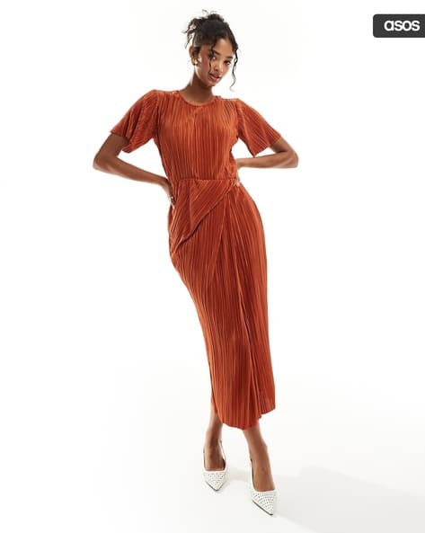 Women Plisse Crinkled Twist-Skirt Sheath Dress