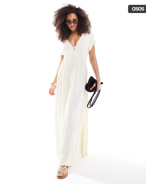 Crinkle Short Sleeve Tie V-Neck Front Midaxi Tea Dress