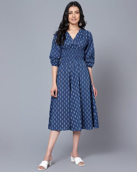 Printed V-Neck Fit & Flare Dress