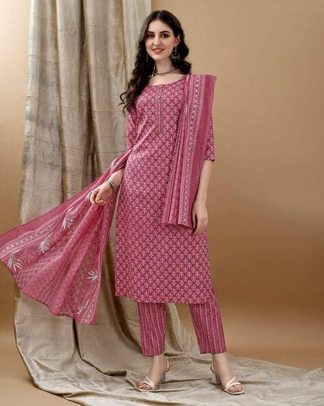 Floral Print Straight Kurta with Pants & Dupatta