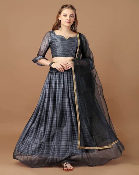 Women Striped Lehenga Choli Set with Dupatta