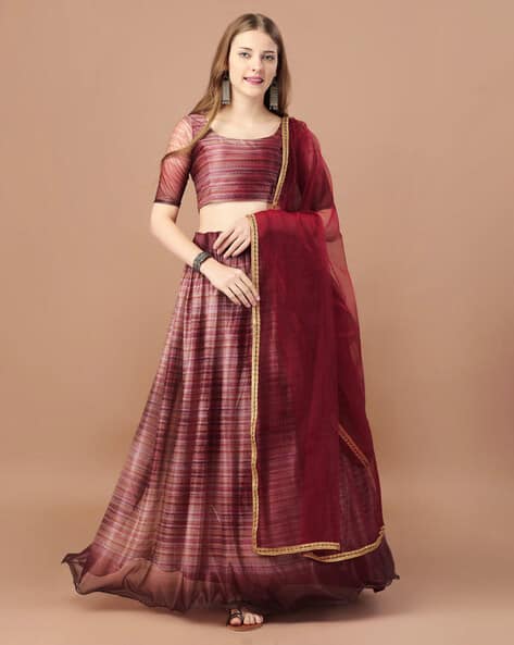 Women Striped Flared Lehenga & Choli with Dupatta