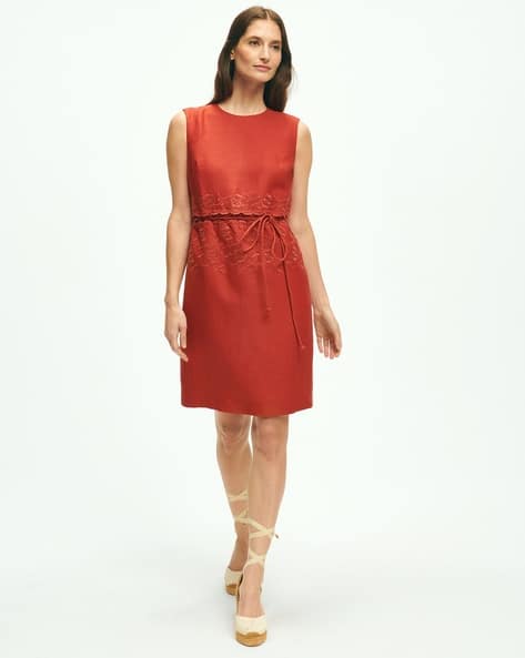 Women Embroidered Linen Blouson Sheath Dress