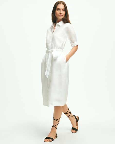 Linen Puff Sleeve Belted Shirt Dress