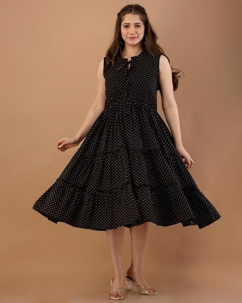 Polka-Dot Tiered Dress with Neck Tie-Up