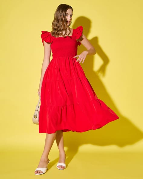 Women Ruffled Strap Dress Square Neck Smocked High Waist Maxi Dresses