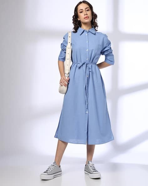 Women Shirt Dress with Waist Tie-Up