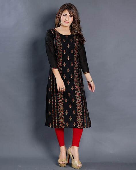 Embroidered Round-Neck Straight Kurti