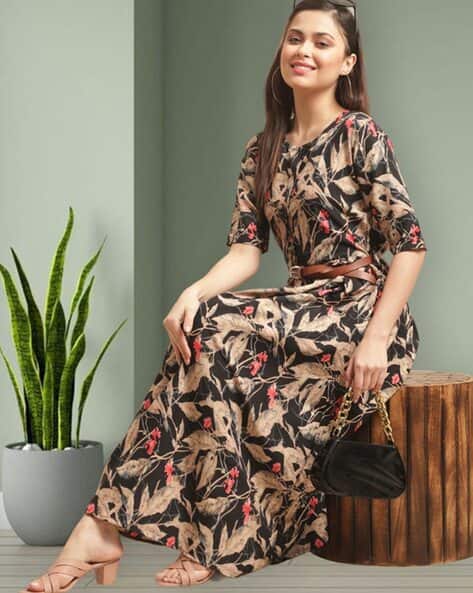 Women Leaf Print Fit & Flare Dress with Belt