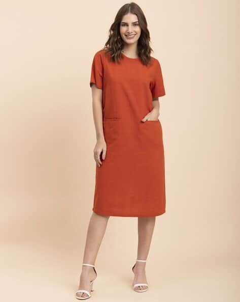Linen Shift Dress with Welt Pockets