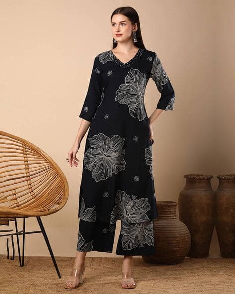 Abstract Floral Printed Viscose Rayon Straight Fit Co-ord Set