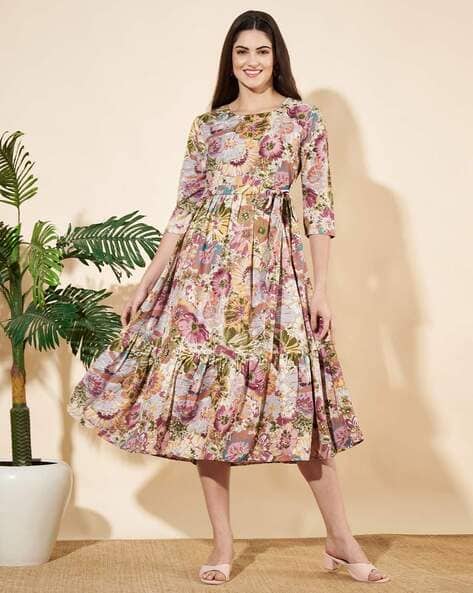 Women Floral Print Tiered Dress with Bracelet Sleeves