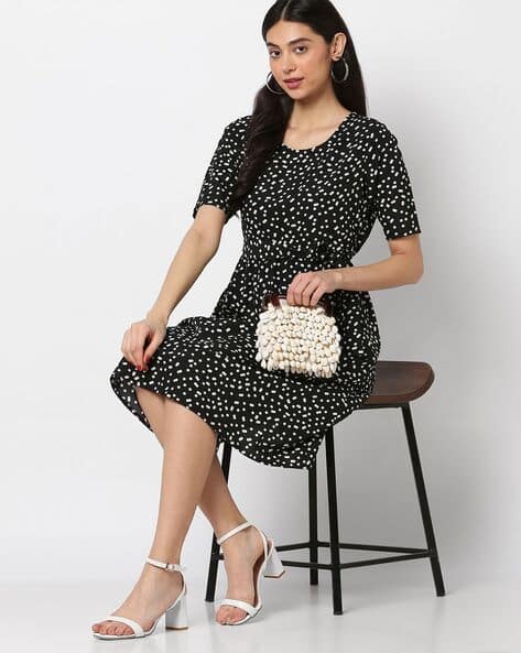Micro Print Round-Neck Fit & Flare Dress