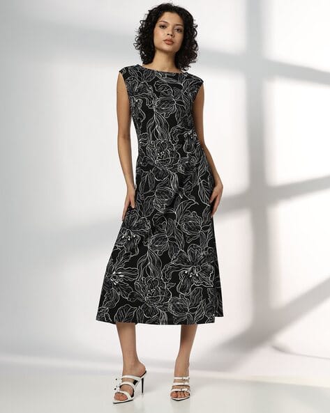 Women Floral Print Boat-Neck A-Line Dress