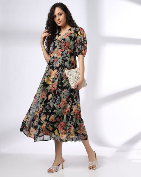 Women Floral Print V-Neck A-Line Dress
