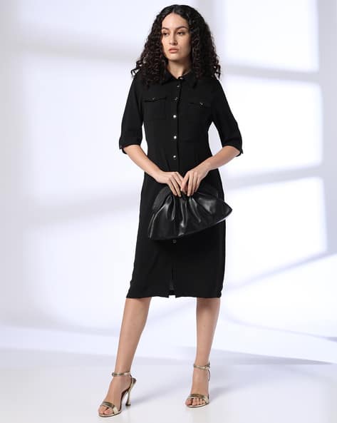 Women Shirt Dress with Flap Pockets