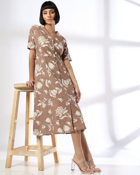 Women Floral Print V-Neck A-Line Dress