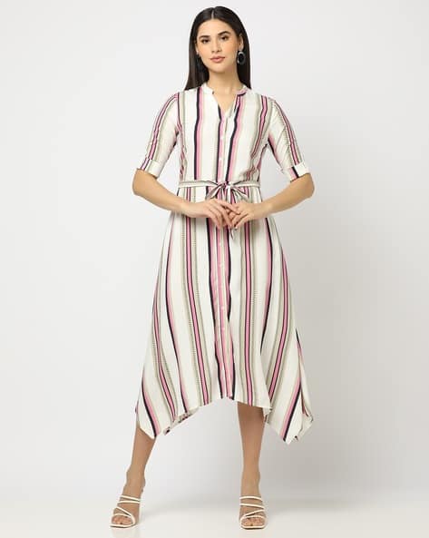 Striped Shirt Dress with Waist Tie-Up
