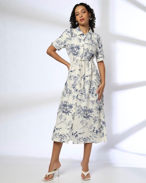 Women Floral Print Shirt Dress with Tie-Up