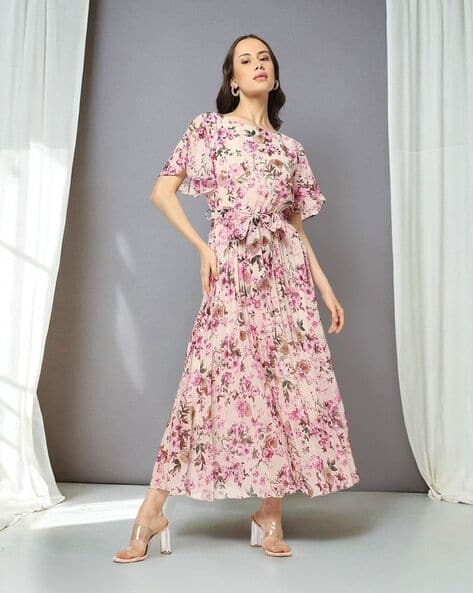 Women Floral Print Boat-Neck Fit & Flare Dress