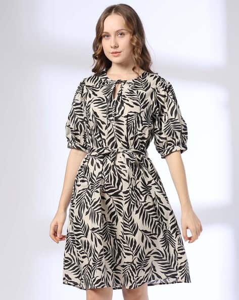 Women Tropical Print A-Line Dress with Tie-Up Waist