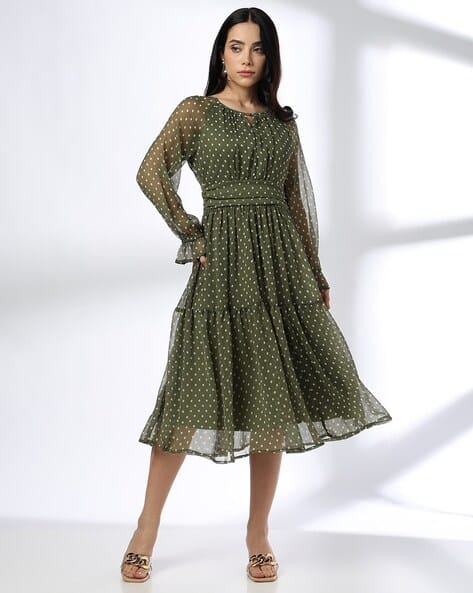 Women Polka Dot Print Tiered Dress