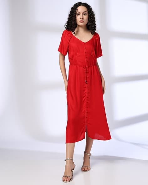 Women A-Line Dress with Tie-Up Waist