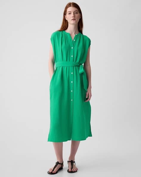 Solid Gauze Waist Tie-Up Button-Down Midi Dress
