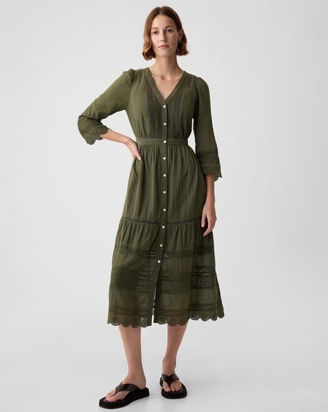 Solid V-Neck Tiered Maxi Dress with Lace Detail