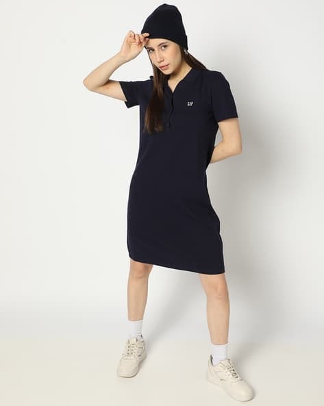 Women Solid Polo Neck Midi Dress with Logo Embroided