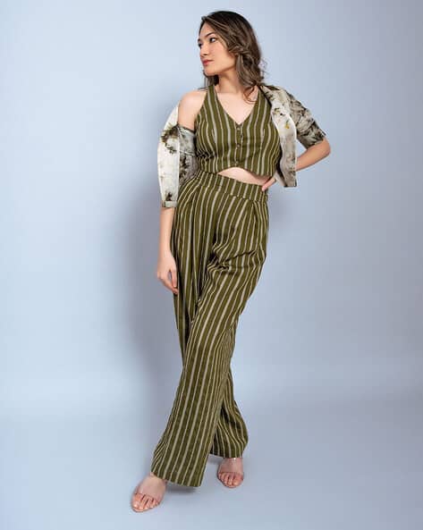 Women Striped Top with Pants & Jacket