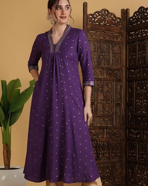 Printed Rayon Calf-Length V-Neck Semi-Flared Kurta