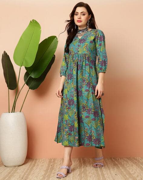 Printed Semi-Flared Cotton V-Neck Dress