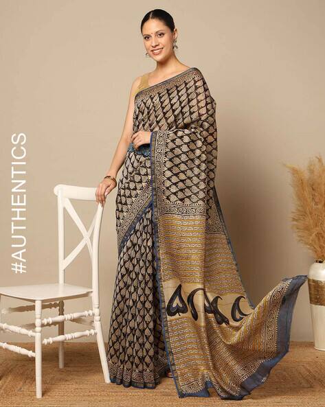 Traditional Handblock Bagru print Chanderi Saree