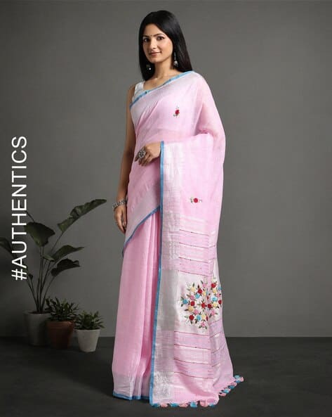 Handloom Hand Embroidered Linen Saree
