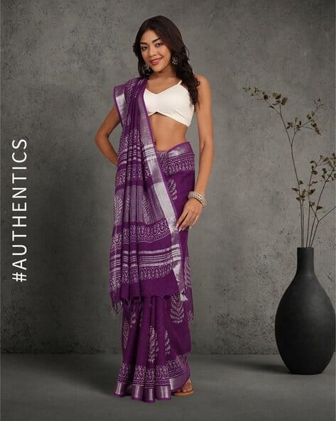 Handblock Bagru Print Linen Saree With Attached Blouse Piece