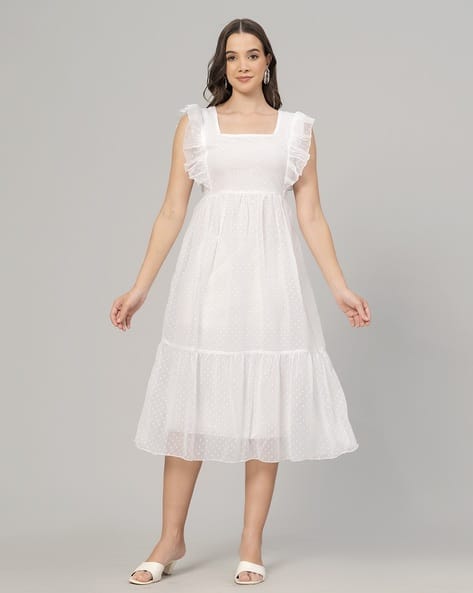 Women Swiss-Dot Square-Neck Fit & Flare Dress