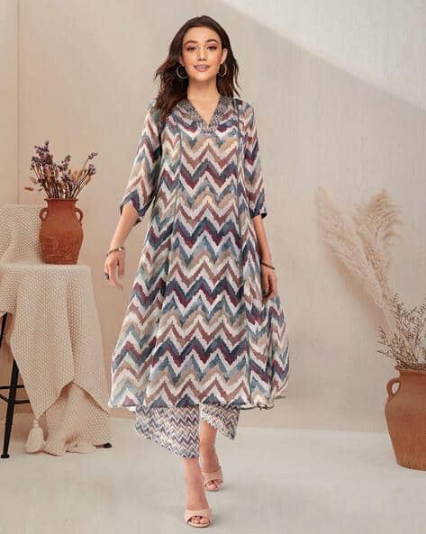 Women Chevron Print Kurta & Palazzos Co-Ord Set